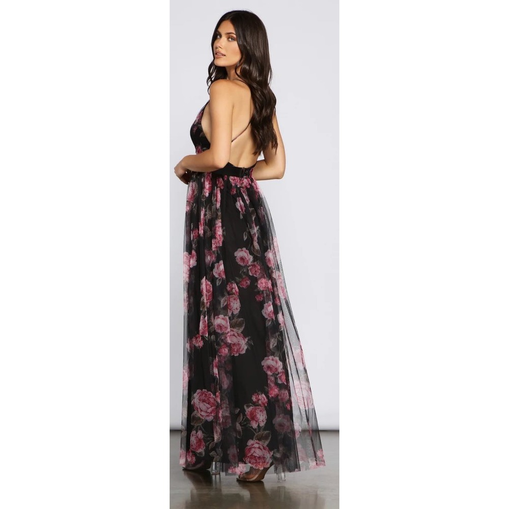 Black Floral Tulle Maxi Dress Open Back Prom Wedding Guest Fairycore Romantic‎